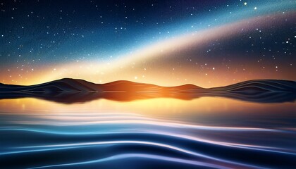 Obraz premium Abstract Landscape With Glowing Waves And Starry Sky Reflection On Water