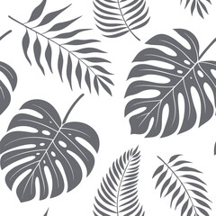 Monstera and Palm Leaves Pattern Gray Botanical Background Nature Inspired Design for Textile Prints and Wallpapers Home Decor