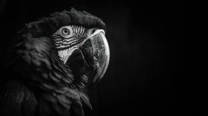 Black and white closeup of a parrot's head, feathers detailed, looking right, with a sharp beak against a dark, stark background. Dramatic lighting