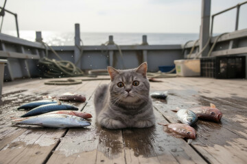 A gray tabby cat sits on the wet wooden deck of a fishing boat, surrounded by freshly caught fish