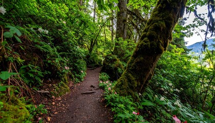 Fototapeta premium Lush forest trail, winding path through vibrant green foliage and moss-covered trees