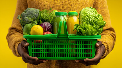 Person holding a green basket filled with various fruits vegetables and juice on a yellow background