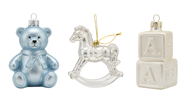 Blue teddy bear, white rocking horse, and white alphabet block Christmas ornaments on a white background, perfect for holiday decoration