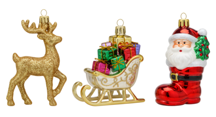 Christmas ornaments set with golden reindeer, festive sleigh carrying colorful gift boxes, and Santa Claus in red boot - perfect for holiday decoration