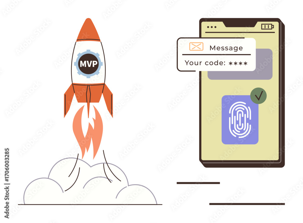 Poster rocket symbolizing mvp growth, fingerprint authentication, and verification code on mobile device. i