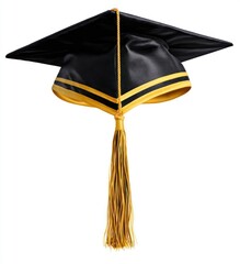 Academic cap. Black mortarboard with gold stripe and tassel, symbolizing graduation and educational achievement. Isolated on white