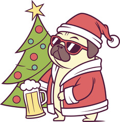 Cool Pug Dog in Santa Outfit with Beer and Christmas Tree – Funny Holiday Illustration