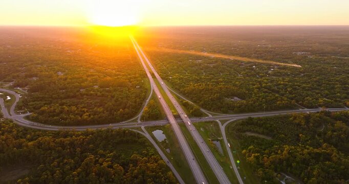 Overhead view of transportation hub in Florida with busy lanes of I-75 accommodating both commercial and personal traffic