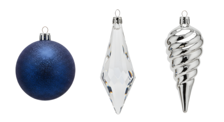 Blue and silver Christmas baubles with glitter, faceted, and spiral designs isolated on white, perfect for holiday decoration themes