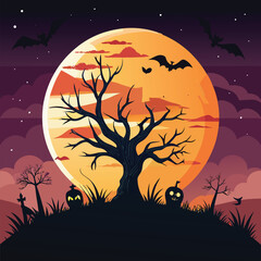 Nighttime halloween scene with bare tree silhouette