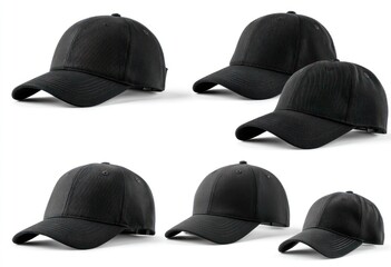 Six black baseball caps arranged on a white background, each with a slightly different angle and size, showcase design variations