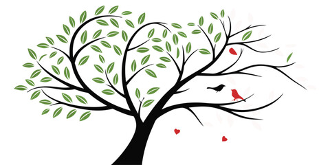 Stylized Tree with Birds and Hearts A Whimsical and Minimalist Illustration of Nature and Love with Artistic Flair