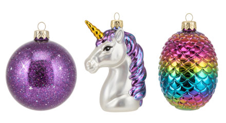 Colorful Christmas tree ornaments featuring a purple glitter ball, a unicorn, and a rainbow fish scale egg, perfect for holiday decoration