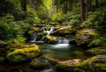 Naklejka premium Serene stream flows over moss-covered rocks in a lush, green forest. Clear water cascades, creating a tranquil and peaceful natural scene