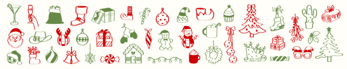 Whimsical Christmas doodles set. Hand drawn holiday icons. Festive illustrations of Santa, gifts, trees, food, drinks, and decorations. Vector clipart for party invitations, greeting cards, stickers.