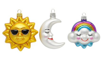 Colorful sun, moon, and rainbow cloud Christmas ornaments with happy faces, perfect for festive holiday decorations