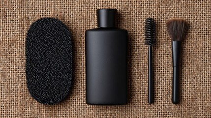 Black cosmetic items?sponge, bottle, and brushes?arranged on textured tan burlap in a flat lay composition, highlighting textures and neutral tones