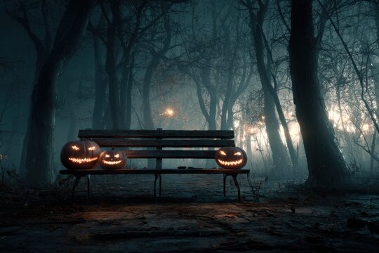 A spooky forest sunset with a haunted evil glowing eyes of Jack O' Lanterns on the left of a wooden bench on a scary halloween night. MZ 