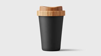 A tall, matte black reusable coffee cup with a wooden lid and band is isolated on a white background, with soft lighting and a slight shadow