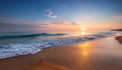 Obraz premium A Tranquil Beach Sunrise With Soft Hues Blooming On The Horizon Inviting Moments Of Reflection And Peace As Day Breaks