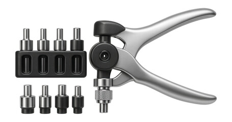 Fototapeta premium Interchangeable die gasket punch set for cutting various materials in a workshop.