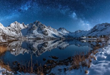 Mountain range mirrored in still water beneath a starry sky, snow-covered landscape. Winter tranquility