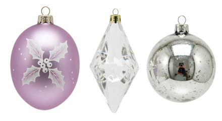 Christmas tree ornaments set including purple bauble with holly design, clear diamond-shaped decoration, and reflective silver ball ornament perfect for holiday decor