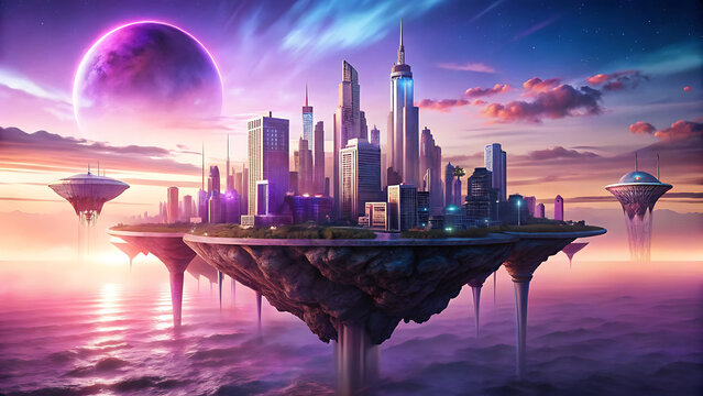 Illustration of futuristic city island floating on ocean powered by renewable eco energy