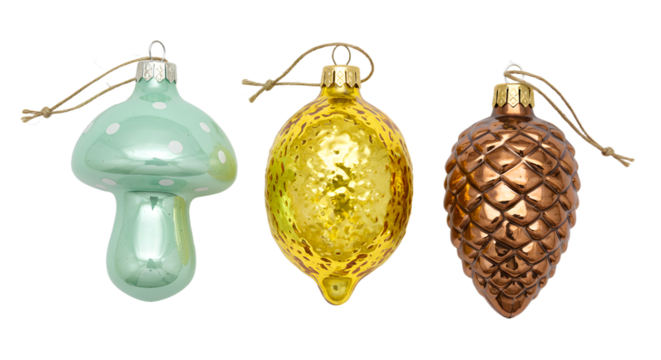 Glass Christmas ornaments shaped like a mushroom, a gold pine cone, and a classic brown pine cone, perfect for holiday decorations