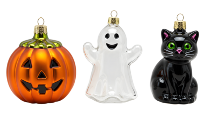 Halloween ornaments set with pumpkin, ghost, and black cat figurines, perfect for spooky holiday decorations