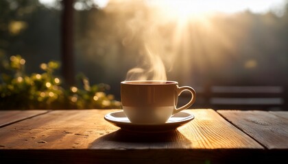 Obraz premium A Steaming Coffee Cup On A Rustic Wooden Table Bathed In Soft Morning Light