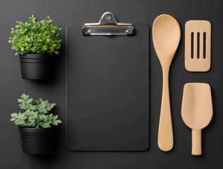 Top-down still life two potted plants, a dark clipboard, and three wooden kitchen tools lie on a gray surface. Warm, minimalist