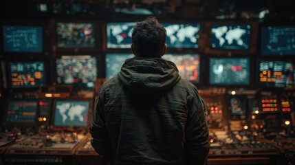 Man in a hooded jacket observing multiple screens in a control room.