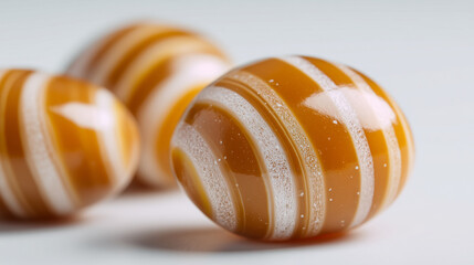 A close up view of three striped caramel candies on a white surface in soft studio lighting