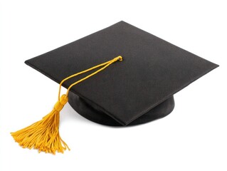 Graduation cap, a square black mortarboard with a bright golden yellow tassel, rests on a white surface, casting a soft shadow