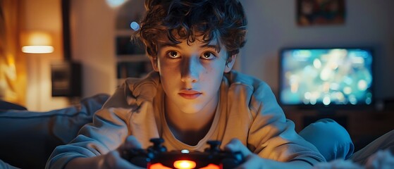 Teenager plays video games at home.