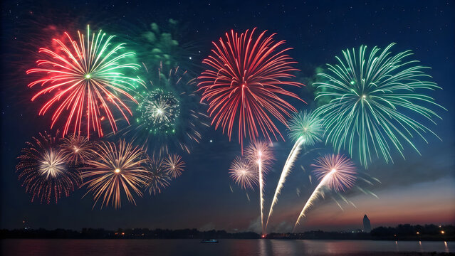 Vibrant red green and full hd 4k stock image download white fireworks explode over dark water and distant city skyline