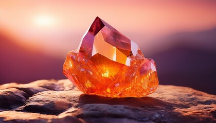 A Single Orange Crystal On A Rocky Surface With A Pinkish Background