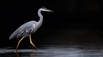 Naklejka premium Elegant Heron Walking Gracefully Through Calm Water at Dusk