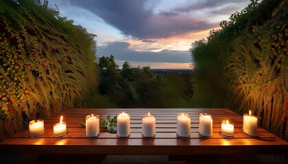 A Serene Outdoor Scene Features A Row Of Glowing Candles On A Table Framed By Lush Plants And A Cloudy Sky