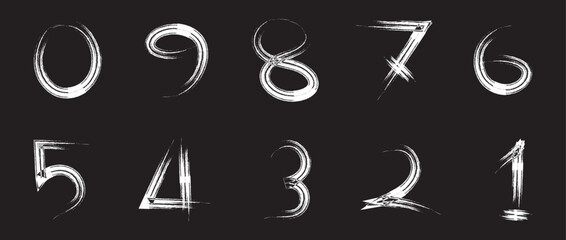 Ink digits.  numbers painted with paintbrush on window. Japanese Calligraphy SHODO number. Set of numbers from 0 to 9 designed with bold brush strokes
