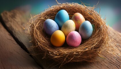 A Rustic Bird Nest Filled With Six Vibrantly Colored Eggs Featuring Blue Pink Yellow And Orange Hues With Gold And Blue Speckles Creating A Cozy And Warm Atmosphere