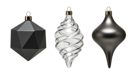 Set of three elegant Christmas tree ornaments in black and silver with geometric, spiral, and teardrop shapes perfect for holiday decoration