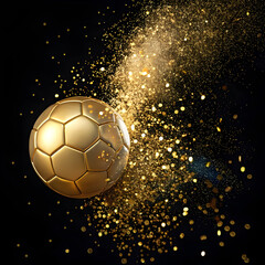 Fototapeta premium Golden soccer ball exploding with glitter on full hd 4k stock image download black background football