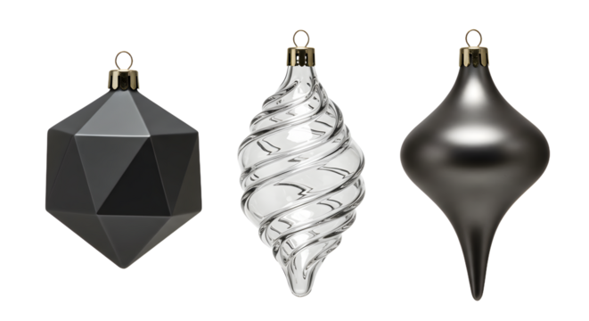 Set of three elegant Christmas tree ornaments in black and silver with geometric, spiral, and teardrop shapes perfect for holiday decoration