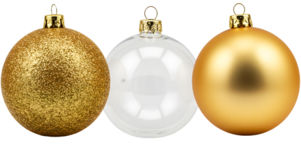 Set of three shiny Christmas baubles in gold and white with glitter perfect for holiday decorations