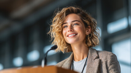 Woman with curly hair speaking at a podium with a microphone in front of a blurred background smiling