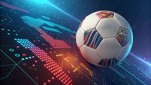 Digital soccer ball on pixelated world map full hd 4k stock image download background with glowing lines and dots