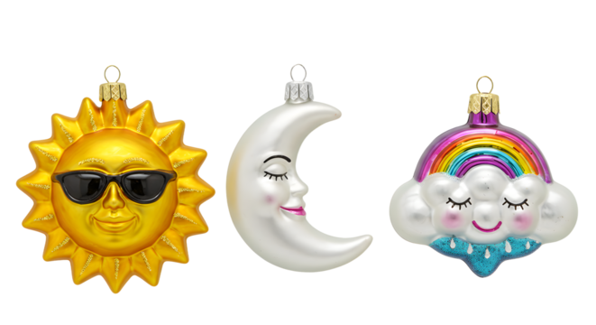 Colorful sun, moon, and rainbow cloud Christmas ornaments with smiling faces, perfect for unique festive holiday decorations