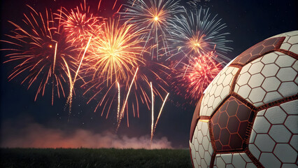 Soccer ball with bright red and full hd 4k stock image download white fireworks exploding in dark night sky over grass field